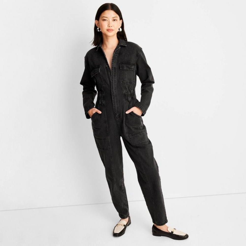 Women's Long Sleeve Denim Jumpsuit -
Universal Thread Washed Black size 14